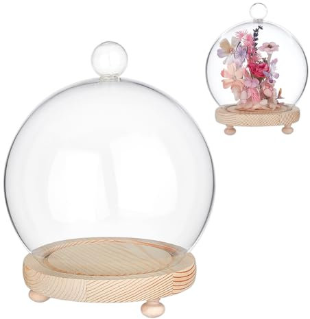 NBEADS Cubierta de Cúpula de Vidrio Decorativa, Cúpula de Cristal Transparente Redonda de 150x185mm con Base de Madera para Centros de Mesa, Plantas, Rocas, Especímenes, Decoraciones Y Manualidades
