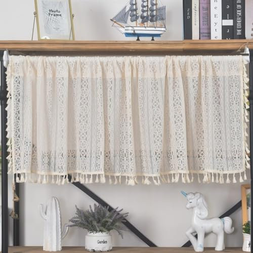 Aotiwe Gardinen Wohnzimmer Creme Beige, Scheibengardine Vintage Hohlgestreifte Geometrische Raute mit Quaste Klettband Vorhänge Baumwolle 150x60cm 1er Pack