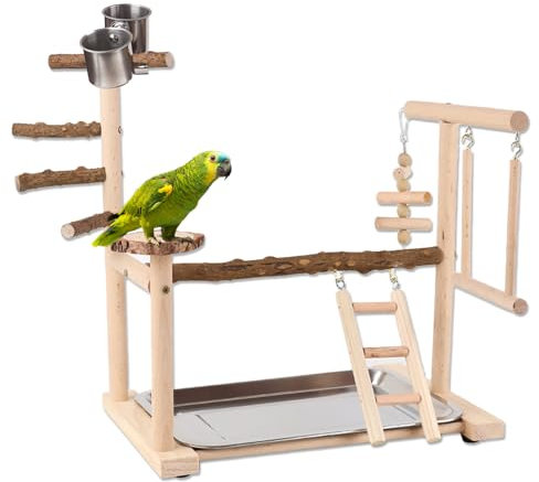 Honicemar Vogel Spielständer – Holz papageienständer, Vogel Spielplatz mit Leiter, Schaukel, Feeder-Cup, Tablett und Kauspielzeug Haustier Übungsspiel Gym Ständer für Kleine bis Mittelgroße Vögel
