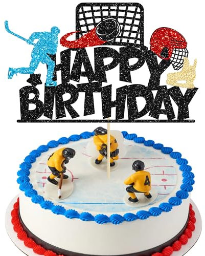 Gyufise 1Pcs Hockey Happy Birthday Cake Topper Glitter Ice Hockey Player Sports Theme Cake Pick Decorations for Hockey Theme Baby Shower Boys Girls Birthday Party Supplies Black
