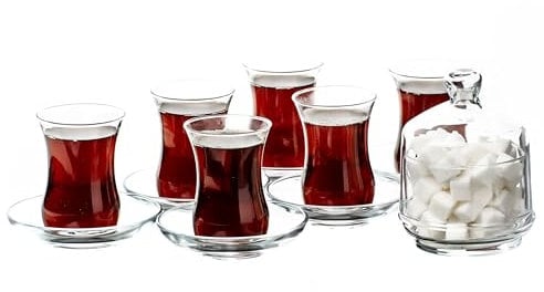 GOSOYO 13 Pieces Turkish Tea Glasses Set Includes; Traditional Patterned 6 Glasses Tea Cups (115ml/4oz), 6 Saucers, and Sugar Bowl with Glass Cover (260ml/8.7 oz)
