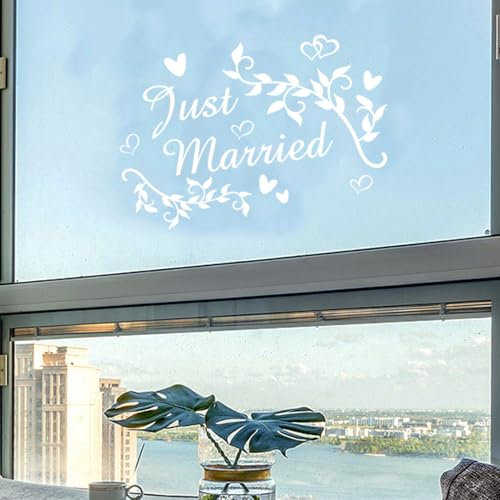 Just Married Vinyl Car Decals, Stylish Just Married Love Sign Wedding Car Decoration Vehicles Body Side Mirror Window Glass Sticker Removable Decals Wall Stickers for Honeymoon Wedding Day Party