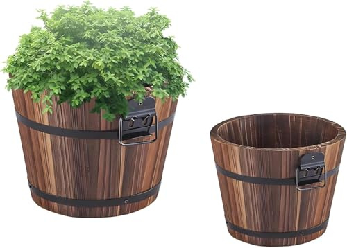 PaMeer Rustic Wooden Barrel Planters – Wooden Bucket Barrel Planter, Flower Pots Boxes Container, Large Round Garden Pots with Drainage Holes for Outdoor & Indoor Plants (2 Pcs Large & Medium)