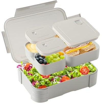 Swkien Bento Lunch Box for Kids, 1100ml Nestable Snack Box with 3 Compartments, Leakproof Lunchbox Microwave & Dishwasher Safe for School, Work, Picnics & Travel - Grey