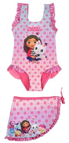 Costume con Pareo Gabby's Dollhouse Beachwear per Bambini Coordinato Costume Intero con Gonna Abbigliamento Mare Piscina (IT, età, 5 Anni, 6 Anni, Regular, Bambina, Fucsia)