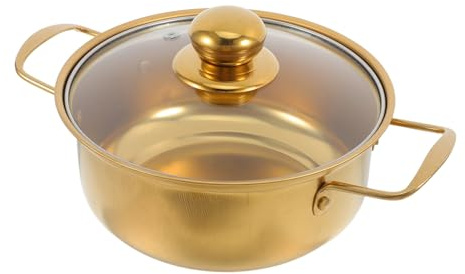 IWOWHERO Induction Compatible Stainless Steel Soup Pot with Glass Lid Golden Small Korean Ramen Noodle Pan with Double Handles Quick Heating Cookware for Efficient Home Cooking