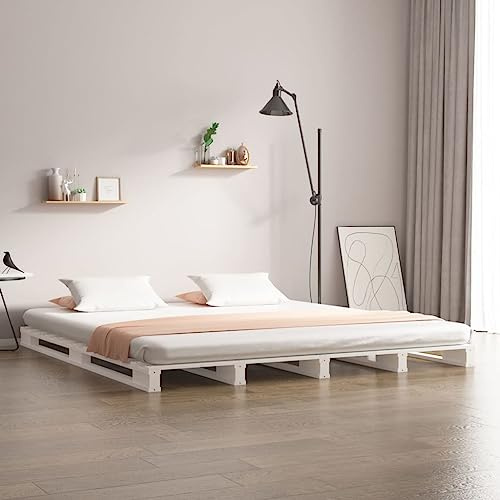 Runheo Palettenbett Weiß 180x200 cm, Massivholz Kiefer, Robustes Bettgestell für Schlafzimmer, Modernes Design, Stabile Latten, 6FT Super King Größe