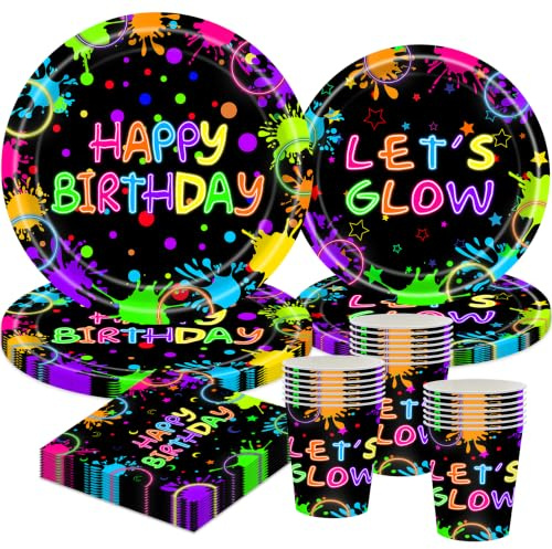 50 Stück Glow Party Partygeschirr Set,Neonfarbenes Partyzubehör Geburtstage,Neon Party Dekorationen,Neon Pappteller,Mit Teller Becher Servietten,Party Geschirr für 10 Gäste