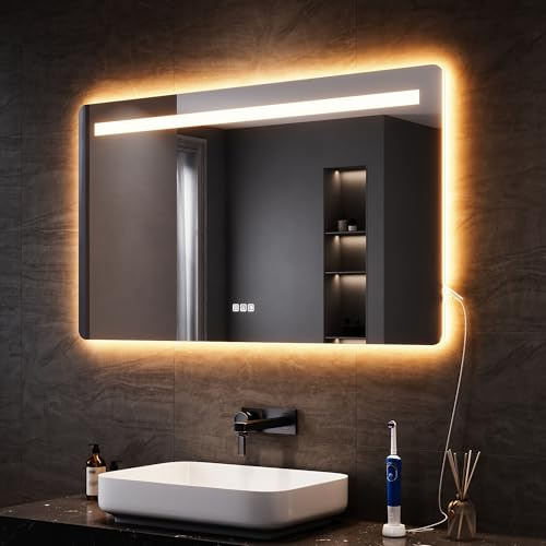 SONNI LED Badspiegel 120x70 cm Dual-Licht mit Steckdose & 3 Lichtfarben | Front- & Backlight getrennt steuerbar, mit Memory & Anti-Beschlag. Ideal für Komplettrenovierung & Altbaumodernisierung
