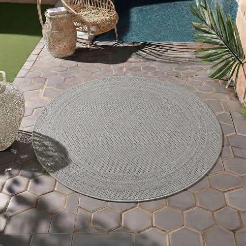 HomebyHome Outdoor Teppich Rund 80 cm Grau Wetterfest UV-beständig Pflegeleicht Einfarbiges Design mit Bordüre für Balkon Küche Flur Indoor Outdoor