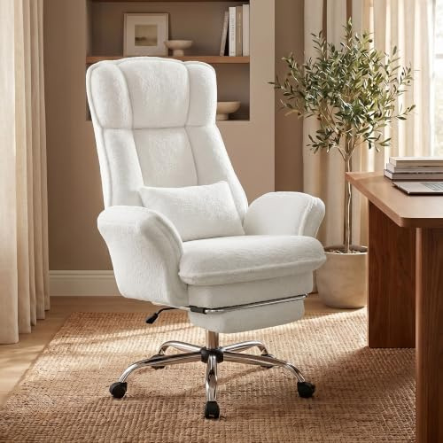Hawthyhome Office Chair, Wide Seat for Cross-Legged Sitting, Ergonomic High-Back Reclining with Footrest, Flip-Up Armrests, Executive Swivel Gaming Chair, Soft Teddy Fleece, White