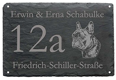 « HAUSNUMMER + STRASSE + NAME mit FRENCH BULLDOG » als SCHIEFERTAFEL individuell gefertigt Schieferschild Hund 01