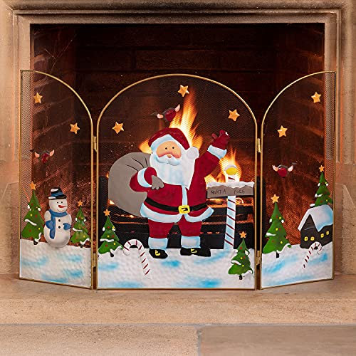 Christow Christmas Fireguard Fireplace Screen, Arched Metal Mesh Fire Screen H49cm (Santa Claus)