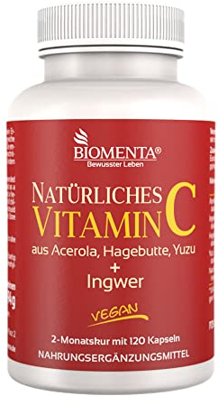 BIOMENTA Natürliches Vitamin C – 120 Kapseln hochdosiert (238% NRV/Tagesverzehr) aus Acerola, Hagebutte, Ingwer - vegan - Premiumqualität