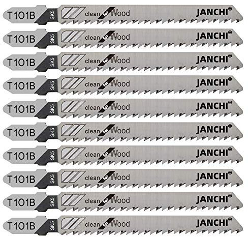 JANCHI 50Pack T101B T-Shank Contractor Jig Saw Blades - 4 Inch 10 TPI Jigsaw Blades Set- Made for High Speed Carbon Steel, Clean and Precise Straight Cutting Wood Boar