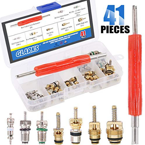 Glarks 41Pcs Schrader Car A/C Valve Core Kit - R12 R134a - Aluminium & Brass & Plastic - Blue Remover Tool - 7.6cm