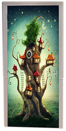 A.Monamour Stickers Muraux 3D Maison De L'Arbre Magique Dans Le Pré Ciel Enchanté Forêt Enchantée Scène De Conte De Fées Vinyle Chambre Porte Stickers Papier Peint Peintures Murales Porte Autocollants