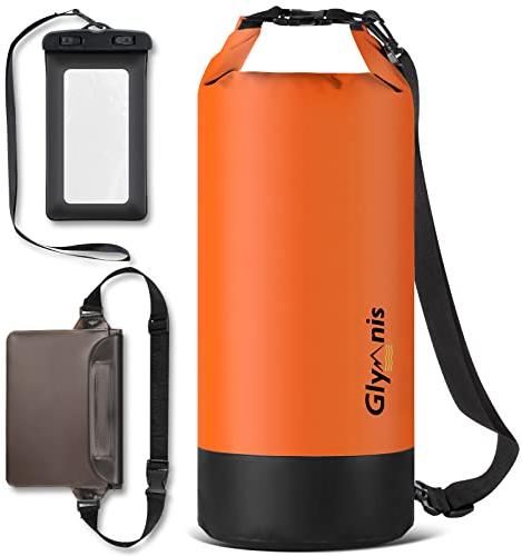 Glymnis Dry Bag wasserdichte Tasche 10L 20L Wasserdichter Packsack mit Bauchtasche und Tragegurt Waterproof für Wassersport Strand Schwimmen Bootfahren Reisen Camping (Orange, 20L)