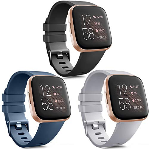 Vancle 3 Pack Kompatibel für Fitbit Versa Armband/Fitbit Versa 2 Armband, Klassisch TPU Sports Verstellbares Ersatz Armbänder für Fitbit Versa/Versa 2 / Versa Lite (Schwarz/Marine Blau/Grau, S)