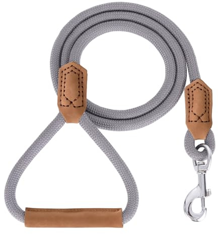 Mile High Life | Premium Leather Dog Leash | Strong Rope Leash | Leather Handle | Zinc Alloy Strong Clasp | Small Medium Large Dogs | 4/5/6 Feet (60 Inch, Gray)
