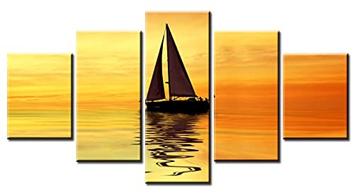 Sonnenuntergang Boot auf Seehorizont Leinwand - Malerei Wand - Deko Poster und Druck Wandbild Wohnzimmer - Dekoration 150 × 90cm rahmenlos