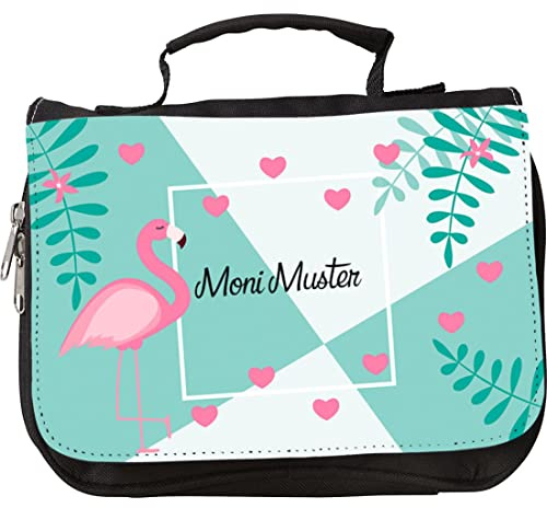 Manutextur Kulturbeutel mit Namen - personalisiert - Motiv Flamingo - viele Motive – Kulturbeutel - Größe 23x17x5 cm - persönliches Geschenk mit Wunsch-Motiv und Wunsch-Name