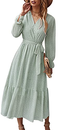 ASOMI Kleid Damen Sommer Boho: Blumen Herbst Wickelkleid Frühling Mode Lang Maxikleid V-Ausschnitt Casual Langarm Strandkleid Rüschen Freizeitkleid mit Gürtel 211 Hellgrün 36