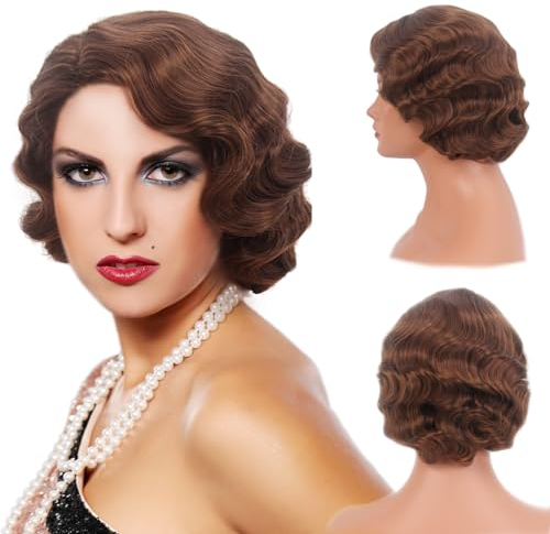 REEWES Kurze 1920er Perücke Fingerwellenperücke Lockige Kurze Perücke Vintage Perücken für Frauen Damen Synthetische Vollperücken Cosplay Kostüm Fancy Dress Flapper Perücke (Esche braun)