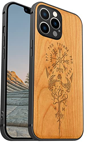 Carveit Magnetisch Hülle für iPhone 12 Pro Case [Elegante Kirschholz] [Weich TPU Stoßstange] Stoßfeste Handyhülle Kompatibel mit 12Pro Magsafe Hülle Holz （Wikingerkompass Vegvisir）