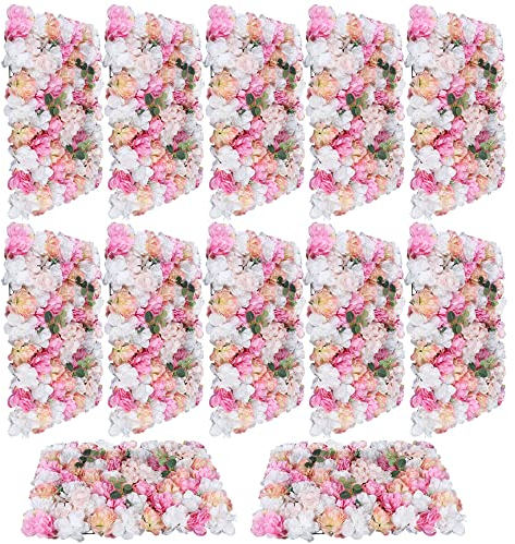 Künstliche Blumenwand 12 Stücke Rosenwand Kunstblumen Blumenwandpaneel Deko für Hochzeit Balkon Schaufenster (Champagnerrosa + Eukalyptus)