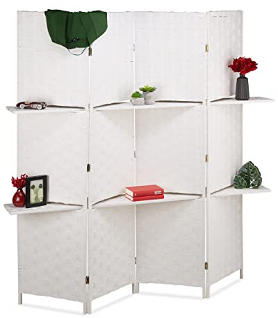 Relaxdays Paravent à 4 Volets, 2 étagères, Brise-Vue Pliable, Non Fixe, H x L : 180 x 180 cm, pour l'intérieur, Blanc