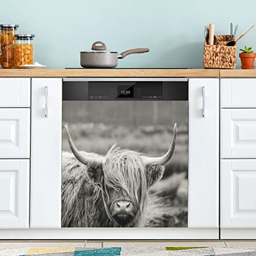 Vintage Retro Scottish Highland Cow Vintage Style Dishwasher Fridge Sticker Magnetic Door Front Cover, Reusable Refrigerator Magnet Sheet Kitchen Appliances Decor 23x 26