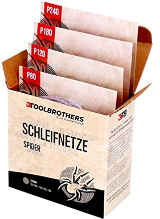 Toolbrothers SPIDER Schleifset Netz Schleifmittel Schleifnetze 125 mm Klett je 10x P80 / P120 / P180 / 240 für Hartholz, Weichholz, Lack, Stein, Stahl, Aluminium, Furnier (1)