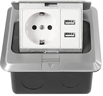 Versenkbare Bodensteckdose, Wasserdichte Dreifachsteckdose mit 1*Stecker und 2 USB-Anschlüssen, Tischplatte Versteckt Steckdose für Büros Küche (Schwarz+Silber)