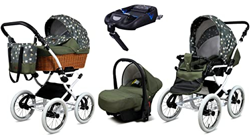 BabyLux Kinderwagen 4in1 mit Autositz für Kleinkinder – Kinderwagen für Neugeborene und Kleinkinder –– Baby Neugeborenen Kinderwagen – ISOFIX Autositzbasis – Max 15kg – Olive Star White Frame