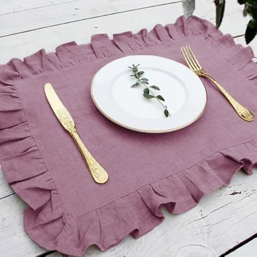 DABIN 4PCS Leinen Hochzeit Abendessen Einfarbig Volant Tischsets Rüschen Rand Leinen Servietten Klassische Custom Home Tisch Serviette