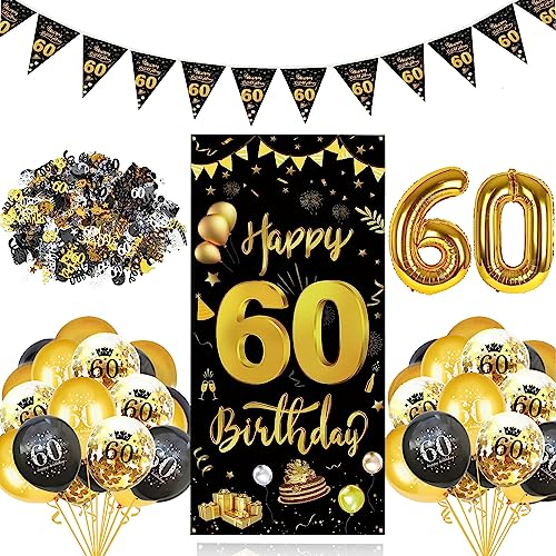 GoldRock 32 Stück 60 Geburtstag Deko Schwarz Gold Set, 60 Geburtstag Männer,Deko 60 Geburtstag Frauen,Luftballons 60. Geburtstag,Folienballons 60 Jahre,60er Geburtstag Mann Banner,Konfetti,Wimpelkette