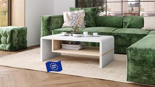 Folk Couchtisch Weiß matt / Sonoma Eiche 100x60x40 cm mit praktischer extra Ablage modern stabil Wohnzimmertisch Beistelltisch Sofatisch zeitloses Design platzsparend Wohnzimmer kleine Räume