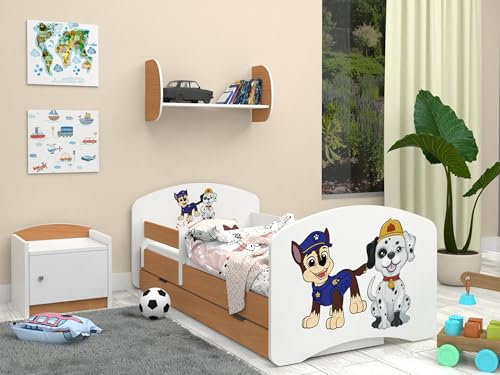 Happy Babies Bett für Kinderzimmer 160x80 mit Schublade, Bett und Matratze für Mädchen, Kinderbett mit Schutz vor dem Herausfallen und Einer Schublade, Einzelbett, Hundemotiv, Junge - Weiss/Buche