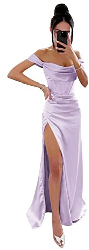 HPPEE Off The Shoulder Prom Dress Long Sleeveless Mermaid Corset Satin Wedding Evening Gowns with Slit for Women Lilac UK20
