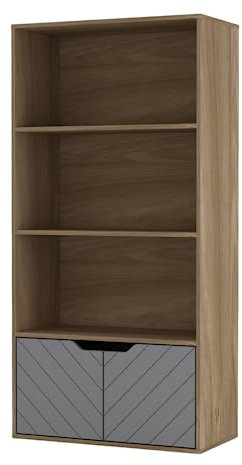 URBNLIVING 4 Tier Wooden Bookcase Cupboard w/Line Doors Storage Shelving Display Cabinet Oak Line Doors Grey Pack of 2