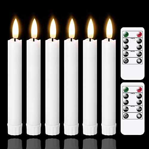 Yeelida Battery Operated Flameless Taper Candles with Two Remote Timer,16cm LED 3D-Wick Window Candles,Flickering Electric Long-Lasting Pack of 6 Flameless Candlesticks(2cm Dia,White)
