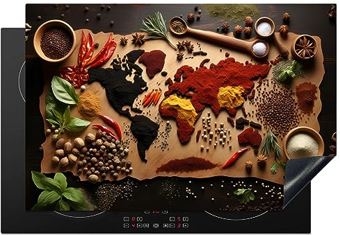 KitchenYeah© Herdabdeckplatte Induktion Schutzmatte Küche Herdabdeckung Ceranfeld Induktionsmatte Cerankochfeld Abdeckung Kräuter - Gewürze - Weltkarte - Braun - Löffel - Küche - 76x51 cm