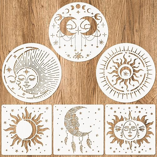 JSRQT 6 Blatt Sonnen und Mond Schablonen Zeichnen Set,Mandala Schablonen Malerei,Zeichenschablonen Malerei Vorlagen für Wand Fliesen Segeltuch Boden Home Dekoration(30x30CM)