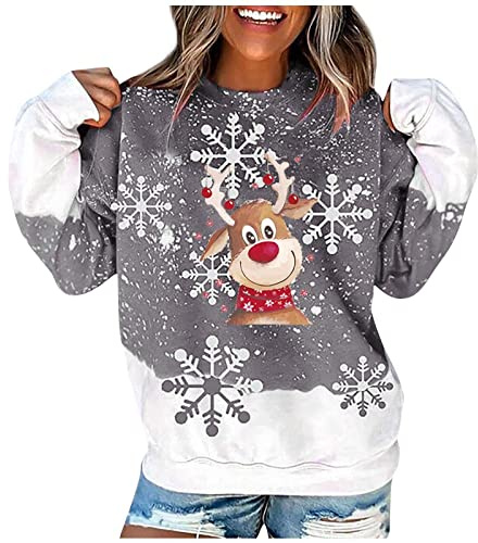 Weihnachtspullover Damen Langarmshirt- Oversize Pullover Weihnachten Damen Sweatshirt-Weihnachtsshirt Damen Langarm mit Elch Weihnachtsmotiv Große Größen Weihnachts Tshirt für Frauen Teenager Mädchen