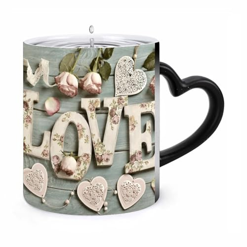 ducanll Tasse chauffante de 325 ml avec lettres, cœurs, roses, tasse à café en bois, cadeaux pour frère, homme, décoration de salle de fiançailles, idées cadeaux de mariage, tasses en verre