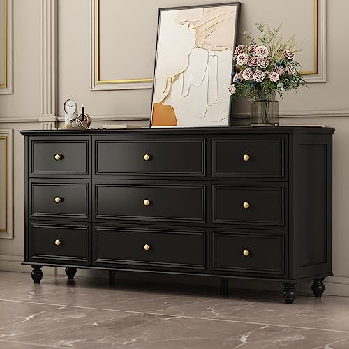 PREMTURE Kommode mit 9 Schubladen, Moderne Sideboard mit Gold Metall Griffe, Sideboard für Wohnzimmer, Schlafzimmer, Anrichte mit Massivholzbeinen, Schwarz, MDF, 160 x 40 x 80 cm