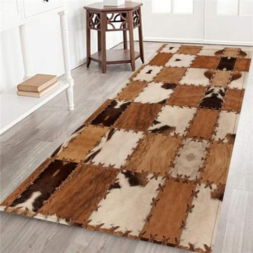 Kuhfell-Läufer für Wohnzimmer und Flur, Braun, 5 x 15 cm, Bauernhaus-Western-Überwurf, Patchwork-Kuhfell-Druck, rutschfester Bodenteppich für Schlafzimmer, Eingangstürmatte, waschbar