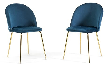 RATTATAN Sara - 2 Stühle in schlichtem oder Teddy-Samt für den Innenbereich mit Metallbeinen (Beine Gold, Samt Blau)