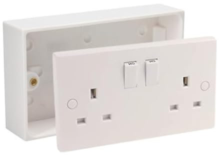 13A Double White Switched Socket Electrical Outlet with Fixing Screws & Double Pattress Back Box Surface Mounted 2 Gang (5, SET with 35mm Box)